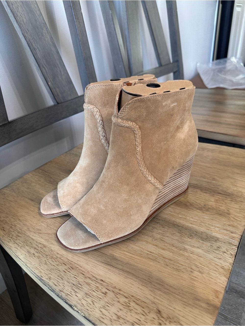 Lucky Brand Tan Suede Peep-Toe Wedge Booties